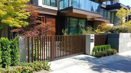 Fototapeta premium A side entrance gate made from aluminum, complementing a contemporary urban townhouse