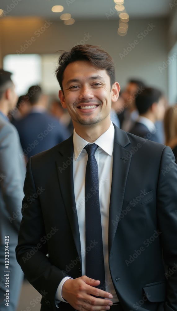 Poster Confident young businessman smiles while networking at a professional event in a modern office setting