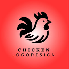 Creative Black Chicken Logo Design in Minimalist Style with Red Gradient Background for Farm, Poultry, Business, and Branding Vector Illustration
