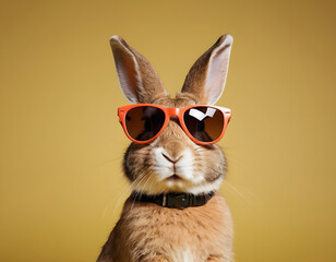 Fototapeta premium close-up of a bunny with sunglasses, a white rabbit on a plain color background, a cute bunny wearing red sunglasses isolated on sunglasses, a stylish animal concept