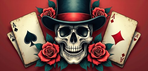 A bold and vibrant illustration featuring a skull in a top hat, adorned with roses and playing cards, perfect for gaming and tattoo designs.