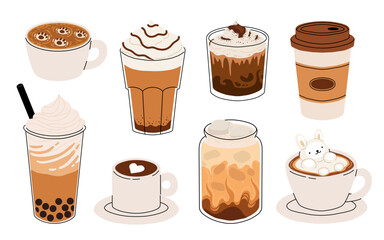 Set of Coffee Cups with Latte Art Patterns Front View. Cute rabbit, Flower and Heart foam shapes. Cafe Bar or Coffee House Graphics. Vector Illustration, Icons