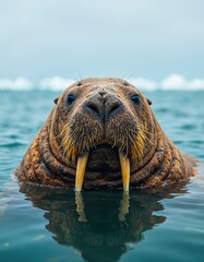 Close-up portrait of a walrus emerging from the cold Arctic water with icebergs in the background. Wildlife photography of marine mammals in natural habitat. World Aquatic Animal Day.