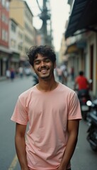 Young South Asian man smiles warmly in a bustling street lined with shops during the day