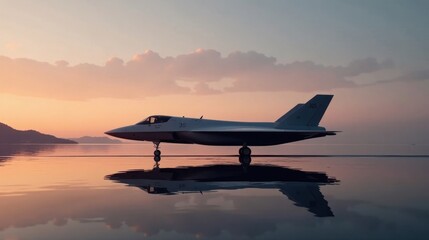 A sleek, futuristic aircraft rests on a calm, reflective surface at dawn, its silhouette mirrored perfectly in the tranquil water, under a breathtaking sky showcasing a soft, pastel sunrise.