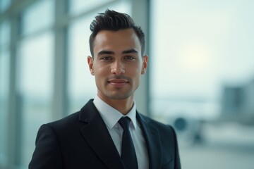 Fototapeta premium Head and shoulders Portrait of an elegant stylish Algerian young male flight attendant in uniform.