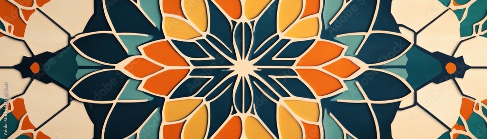Poster intricate geometric pattern with floral elements rendered in bright colors