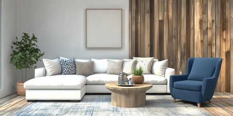 A vivid blue and white pattern adorns the intricately textured rug, creating an inviting depth against the rustic wooden floor beneath it