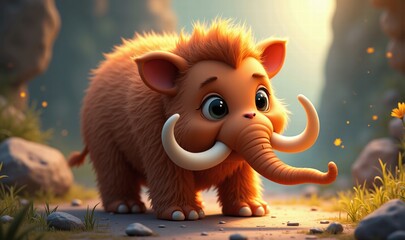 Adorable cartoon-style creature with a fluffy body and tusks, perfect for children's media, animation, or educational content.