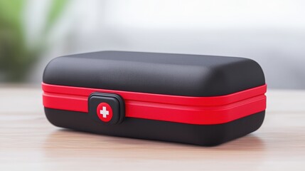 A compact black and red first aid kit, designed for easy storage, featuring a secure closure and a recognizable emblem.