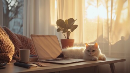 Cozy Home Workspace with White Cat, Laptop, and Warm Morning Sunlight