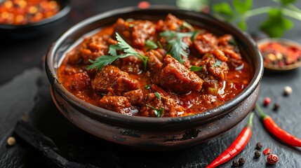 Spicy Indian vindaloo, a fiery Goan curry, no shadows The curry is the highlight, with no text, logo, signature, human body, people, or plants, 