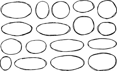 Border frame doodle drawing. Set of pencil drawn grunge illustration. Scribble oval brush sketch. Black circle line marker scratch element