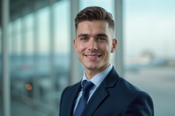 Head and shoulders Portrait of an elegant stylish Azerbaijani young male flight attendant in uniform.