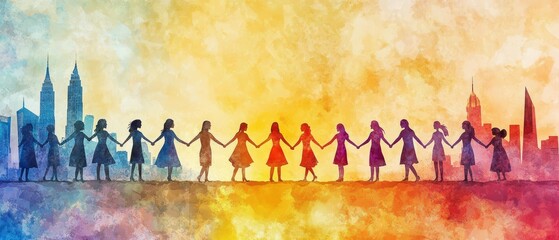 Celebrating unity and empowerment on International Women's Day with diverse women holding hands against a colorful city skyline