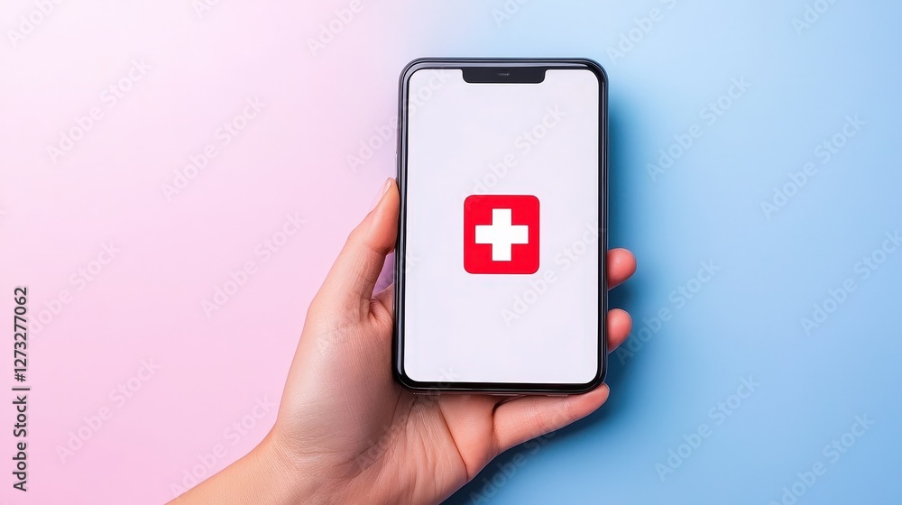 Poster a hand holds a smartphone displaying a red cross symbol on a soft gradient background, suggesting a 