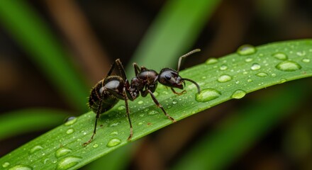 Fototapeta premium Close-up of a black ant on a green leaf, surrounded by dew drops, showcasing nature's details