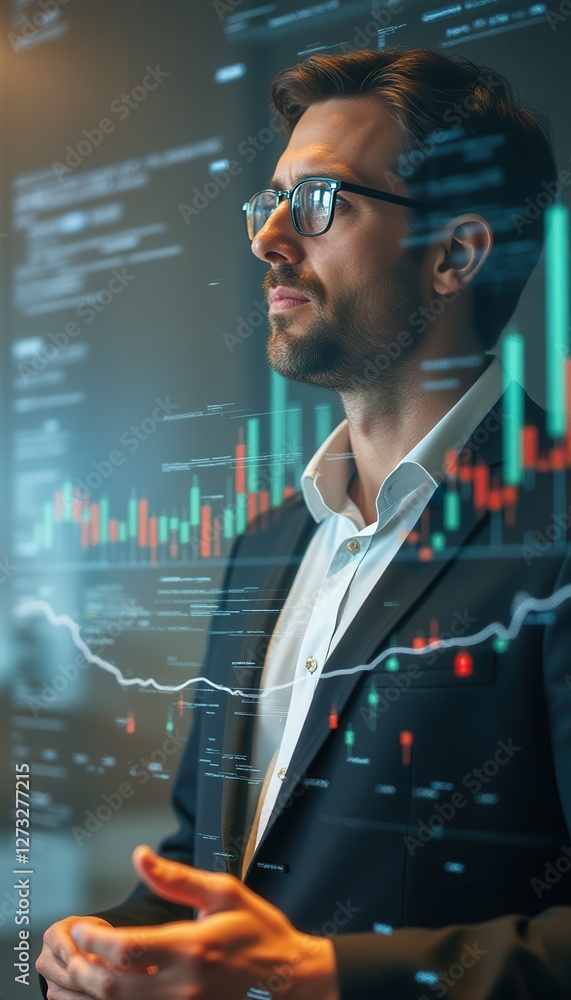 Aufkleber creative double exposure blending a business professional with financial data in an office setting