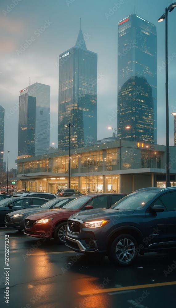 Poster conceptual double exposure effect showcasing urban skyline and parking lot during twilight in a vibr