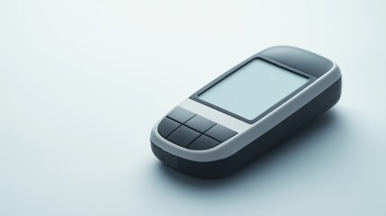 A glucose meter displaying a precise blood sugar reading with a test strip. Featuring diabetes management and health monitoring
