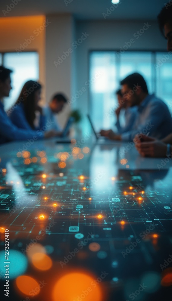 Poster close up view of a digital boardroom concept featuring illuminated graphics and engaged professional