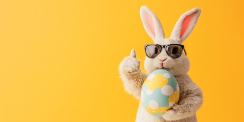Obraz premium Funny easter animal pet - Easter bunny rabbit with sunglasses and easter egg, giving thumb up, isolated on yellow background