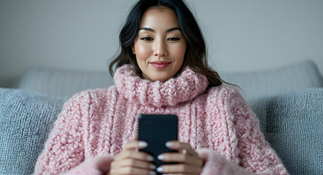 Cozy woman in a pink sweater using her smartphone indoors - Powered by Adobe