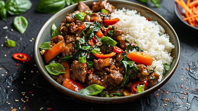 Homemade Thai pad kra pao, a spicy basil stir-fry, no shadows The dish takes center stage, with no text, logo, signature, human body, people, or plants, 