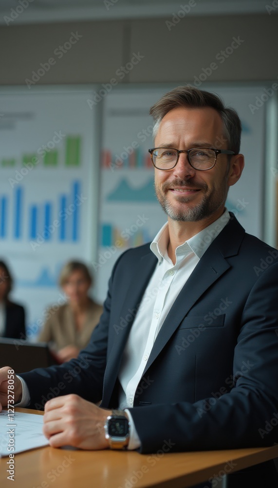 Aufkleber Presenter sharing insights with colleagues during a business meeting in a modern office setting