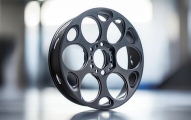 A 3D printed automotive part of a black car wheel rim with complex patterns and a futuristic look on a blurred industrial background.