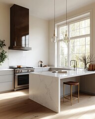 Fototapeta premium A modern, light gray kitchen with sleek, high-gloss cabinetry and a large island featuring dark wood and white marble. 