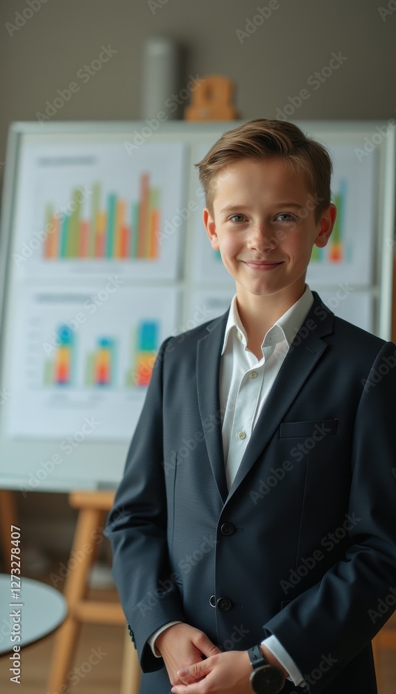 Aufkleber young boy confidently presents in a suit against a backdrop of colorful bar charts in a modern setti