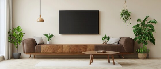 A stylish living room with a soft cream-colored wall and a sleek TV frame in walnut wood, hanging above a warm brown sofa with cozy pillows. 