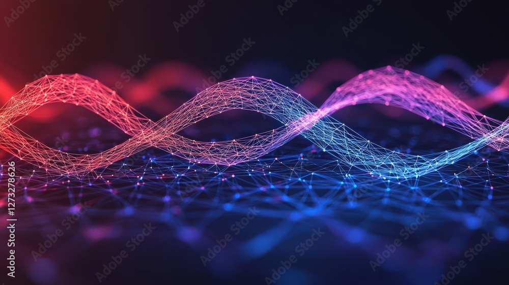 Poster information source organization concept. colorful wave patterns illuminated in a dark background.