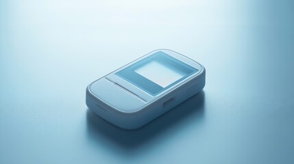 A glucose meter displaying blood sugar levels with a clear test strip in place. Featuring health monitoring and self-testing