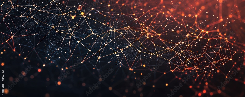 Poster information source organization concept. abstract network of glowing particles and lines on a dark b