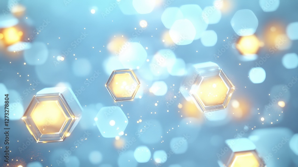 Poster glowing hexagonal crystals floating in blue space