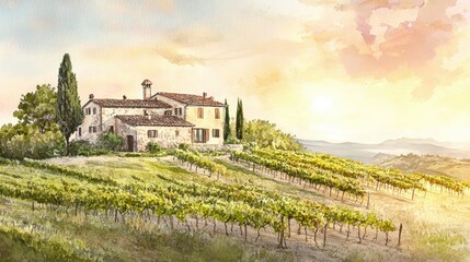 A Beautiful Watercolor Painting of a House Gracefully Perched on a Serene Hill Landscape