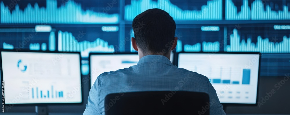 Aufkleber information source organization concept. professional analyzing data on multiple screens in a dark e
