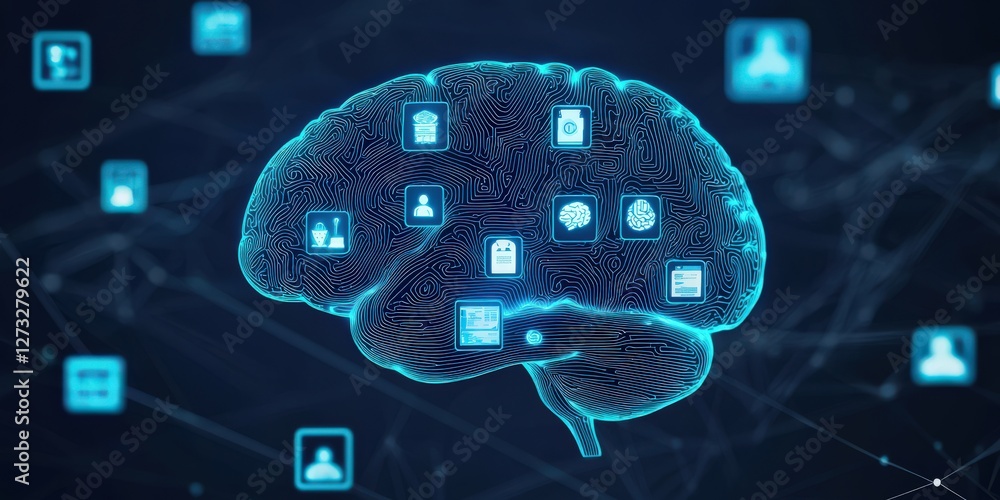 Poster information source organization concept. digital brain illustration with interconnected icons and da
