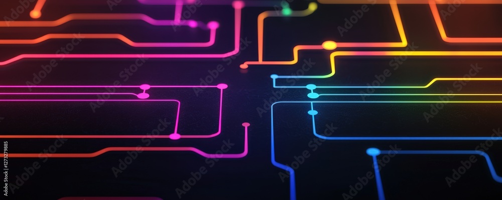 Poster information source organization concept. abstract circuit design with vibrant neon lines on a dark b