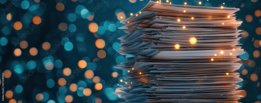 Poster information source organization concept. stack of papers with glowing lights in a blurred background