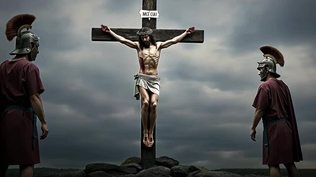 Crucifixion scene with Roman soldiers, dramatic sky and religious symbolism for Easter story, faith and Christianity. Historical reenactment with ancient costumes for spiritual and biblical narrative