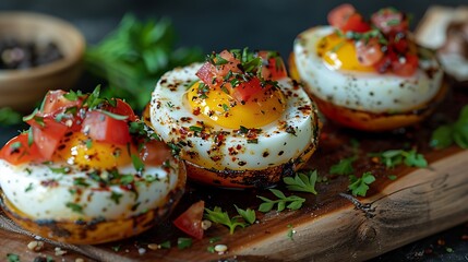Gourmet eggs Provencal with tomato and herb topping, no shadows The eggs are the highlight, with no text, logo, signature, human body, people, or plants, 