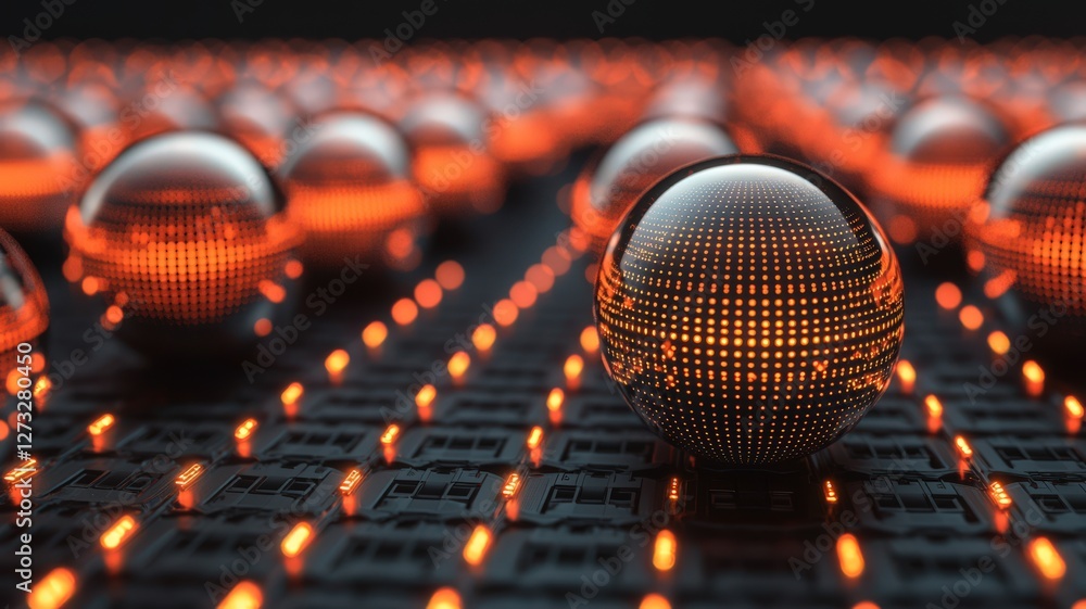 Poster information source organization concept. abstract digital background with glowing spheres and patter