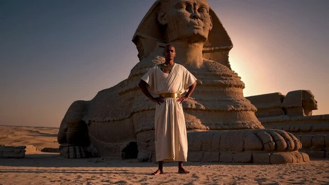 A video still shows a person in ancient attire standing confidently before the Sphinx at sunset, captured from a low-angle perspective.