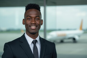Head and shoulders Portrait of an elegant stylish Congolese young male flight attendant in uniform.