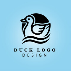 Simple Elegant Black Duck Logo Illustration for Modern Business Branding and Merchandise, Featuring Water Elements on a Blue Background
