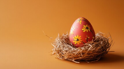 Obraz premium A decorative red Easter egg with floral patterns rests in a rustic nest against a warm-toned background. Generative AI