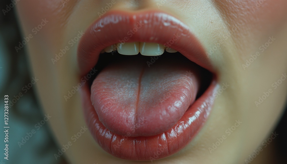 Poster extreme close up revealing a woman's lips and tongue in a soft light setting, emphasizing texture an